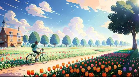 (bike: 1.5), (realistic bike: 1.5), (realistic cyclist: 1.5), back cyclist, netherlands, tulip fields, mills, sun, landscape bac...