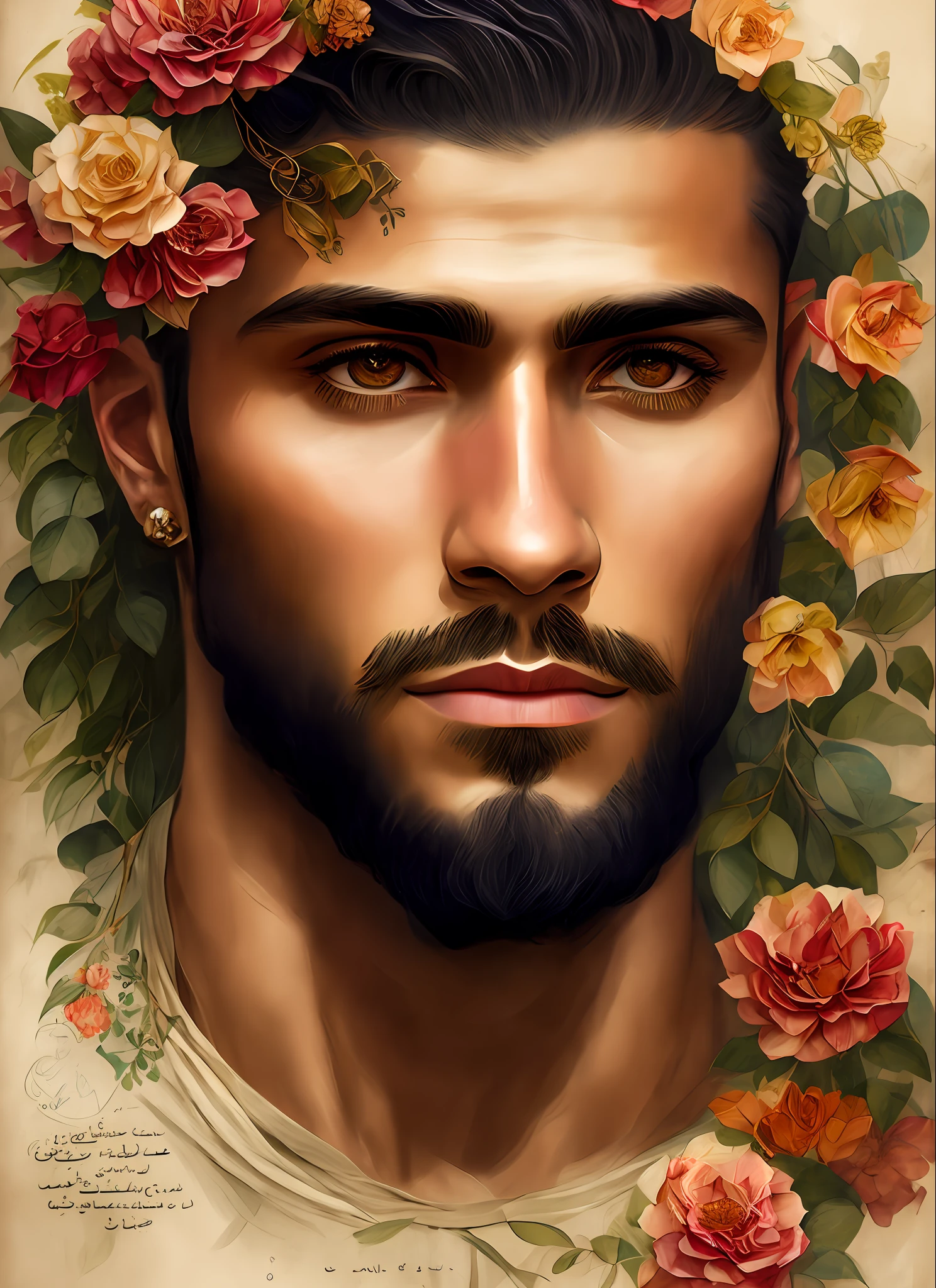 Charlie Bowater realistic Lithography sketch portrait of a muscular arabic man, flowers, [gears], pipes, dieselpunk, multi-colored ribbons, old paper texture, highly detailed