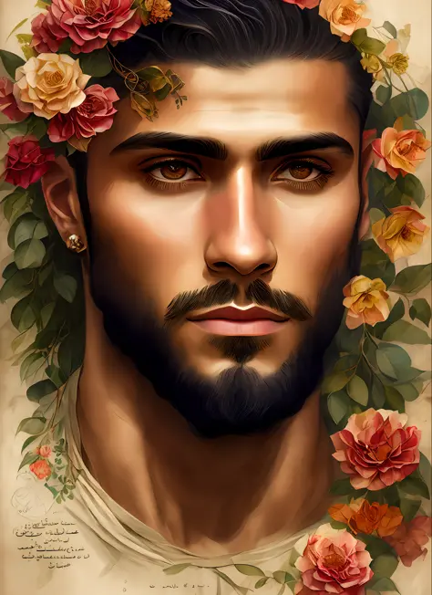Charlie Bowater realistic Lithography sketch portrait of a muscular arabic man, flowers, [gears], pipes, dieselpunk, multi-color...
