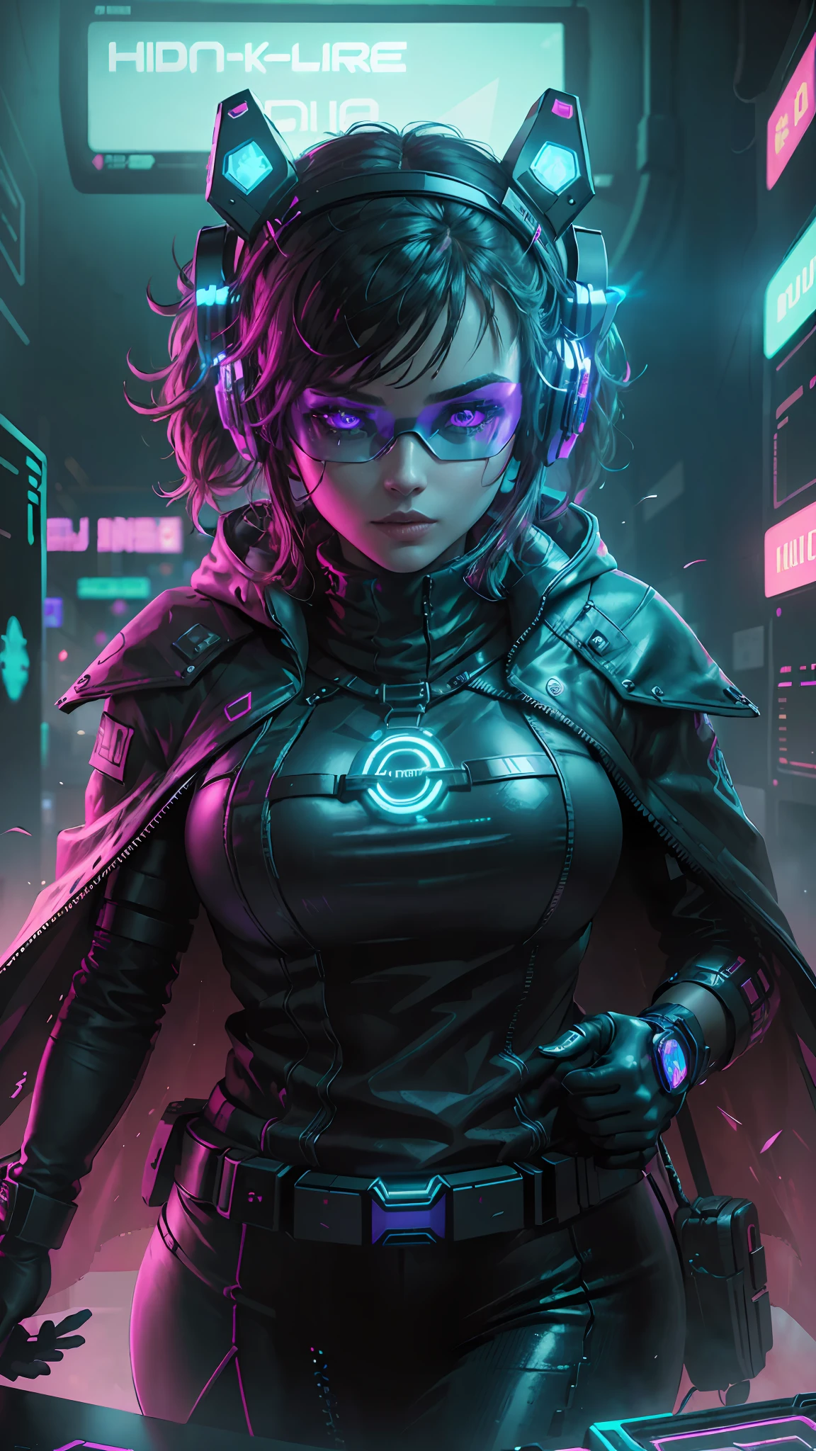 ((Best quality)), ((masterpiece)), (highly detailed:1.3), 3D,NeonNoir, beautiful cyberpunk woman,(wearing head-mounted display that is chunky and hi-tech:1.2),wearing a cape,hacking a computer terminal,PURPLE NEON LIGHT FROM MONITOR, GREEN NEON SIGNS ON THE WALL,