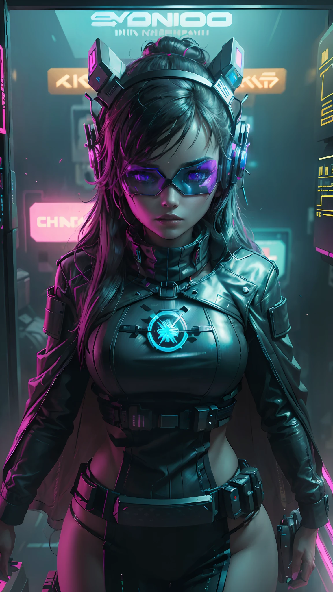 ((beste Qualität)), ((Meisterwerk)), (sehr detailliert:1.3), 3D,NeonSchwarz, Schöne Cyberpunk-Frau,(Tragen eines klobig und hochtechnologischen Head-Mounted-Displays:1.2),einen Umhang tragen,ein Computerterminal hacken,LILA NEONLICHT VOM MONITOR, GRÜNE NEONSCHILDER AN DER WAND,