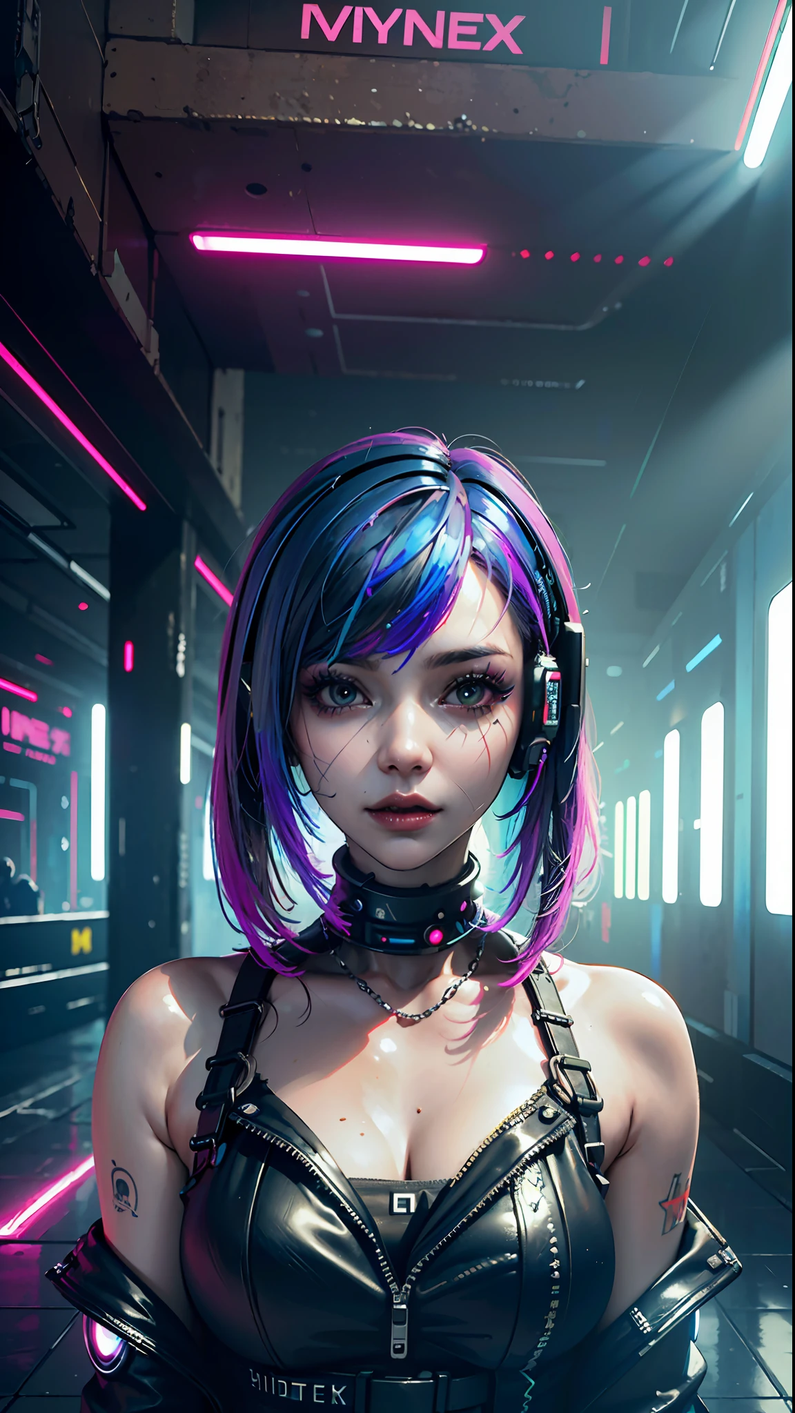((beste Qualität)), ((Meisterwerk)), (sehr detailliert:1.3), 3D, Schön (cyberpunk:1.3) Hacker-Frau mit gefärbten Haaren, schwarze Kleidung, Blick in die Kamera