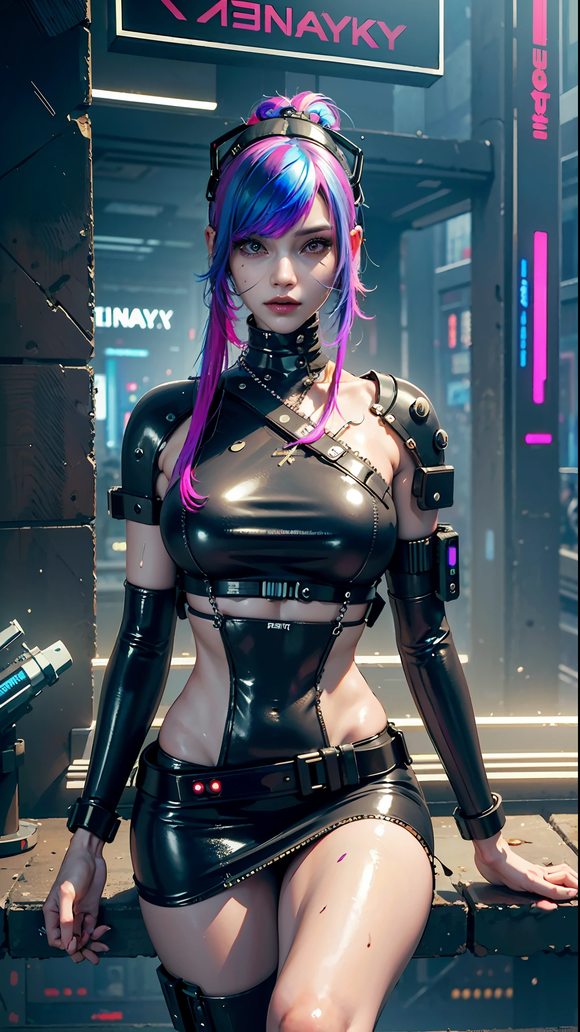 ((Best quality)), ((masterpiece)), (highly detailed:1.3), 3D, beautiful (cyberpunk:1.3) hacker woman with colored hair, black clothes looking at camera