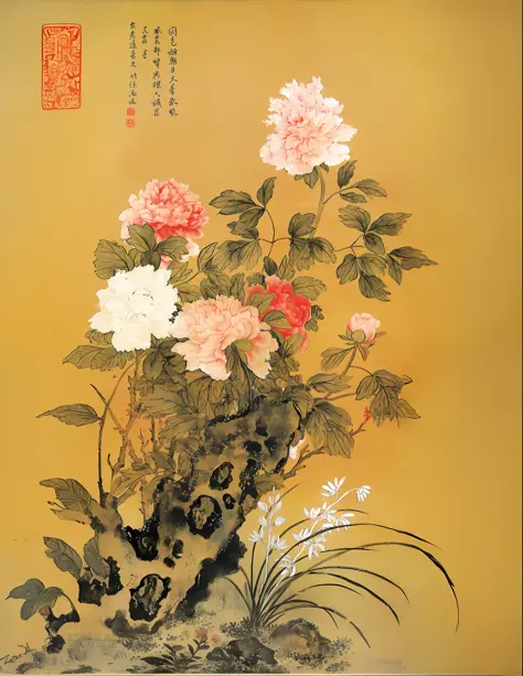 there is a painting of flowers on a yellow background, traditional chinese painting, traditional chinese art, song dynasty, by Gu An, chinese painting style, chinese art, qing dynasty, chinese style painting, by Tang Di, ancient china art style, chinese pa...