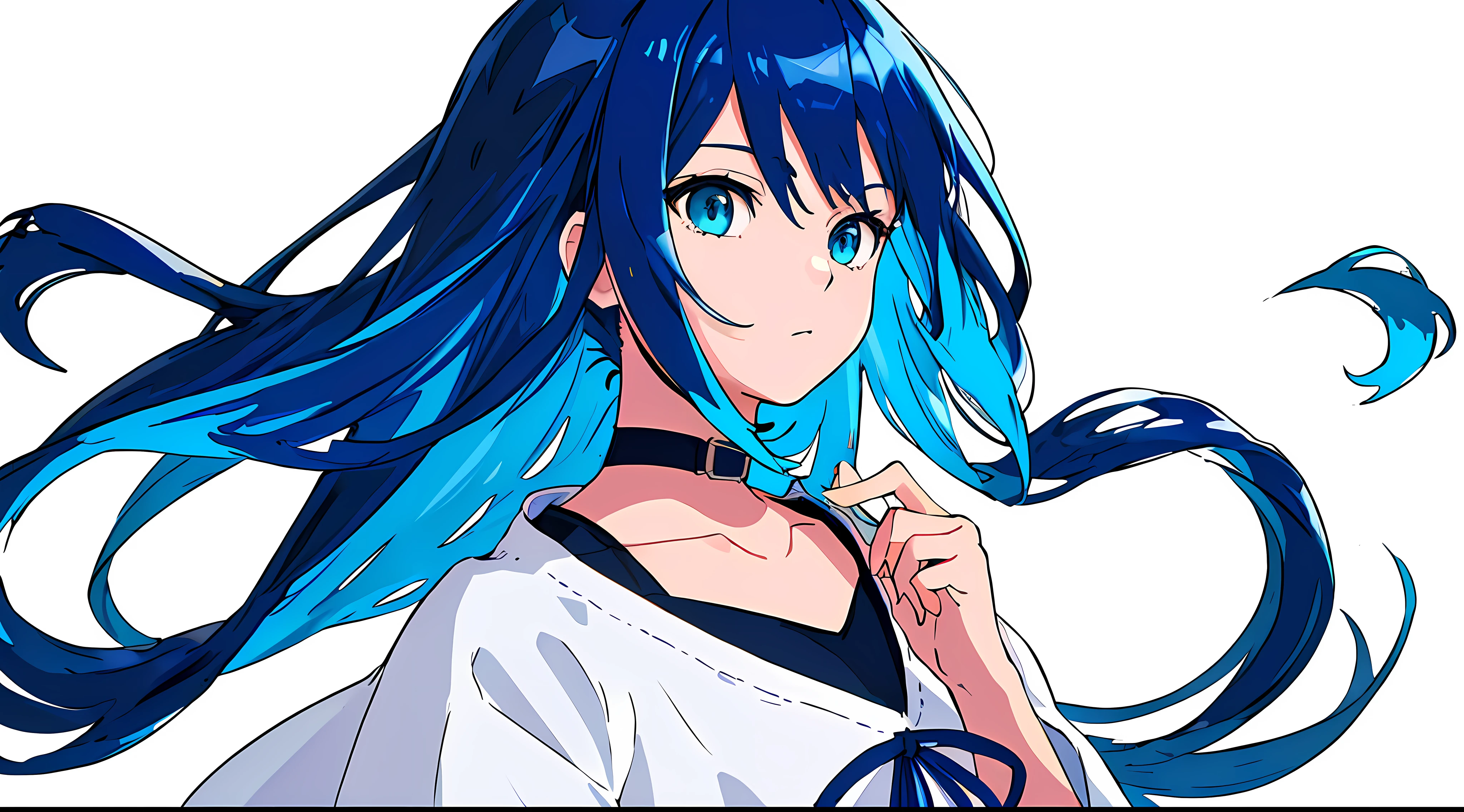 (Masterpiece, high-detailed, ultra resolution, clear, soft art) (looking at the side, looking at the left:1.3), 1girl, solo, standing, upper-body, face only, close-up, light aqua hair, aqua eyes, , (colored inner hair, dark blue hair:1.3), long hair, wavy hair, hime cut, straight hair, sidelocks, black sweater, high collar, open collar, collarbone, simple background, white background, boring background, beautiful detailed eyes, detailed hands, sasuke clothes, sasuke shirt