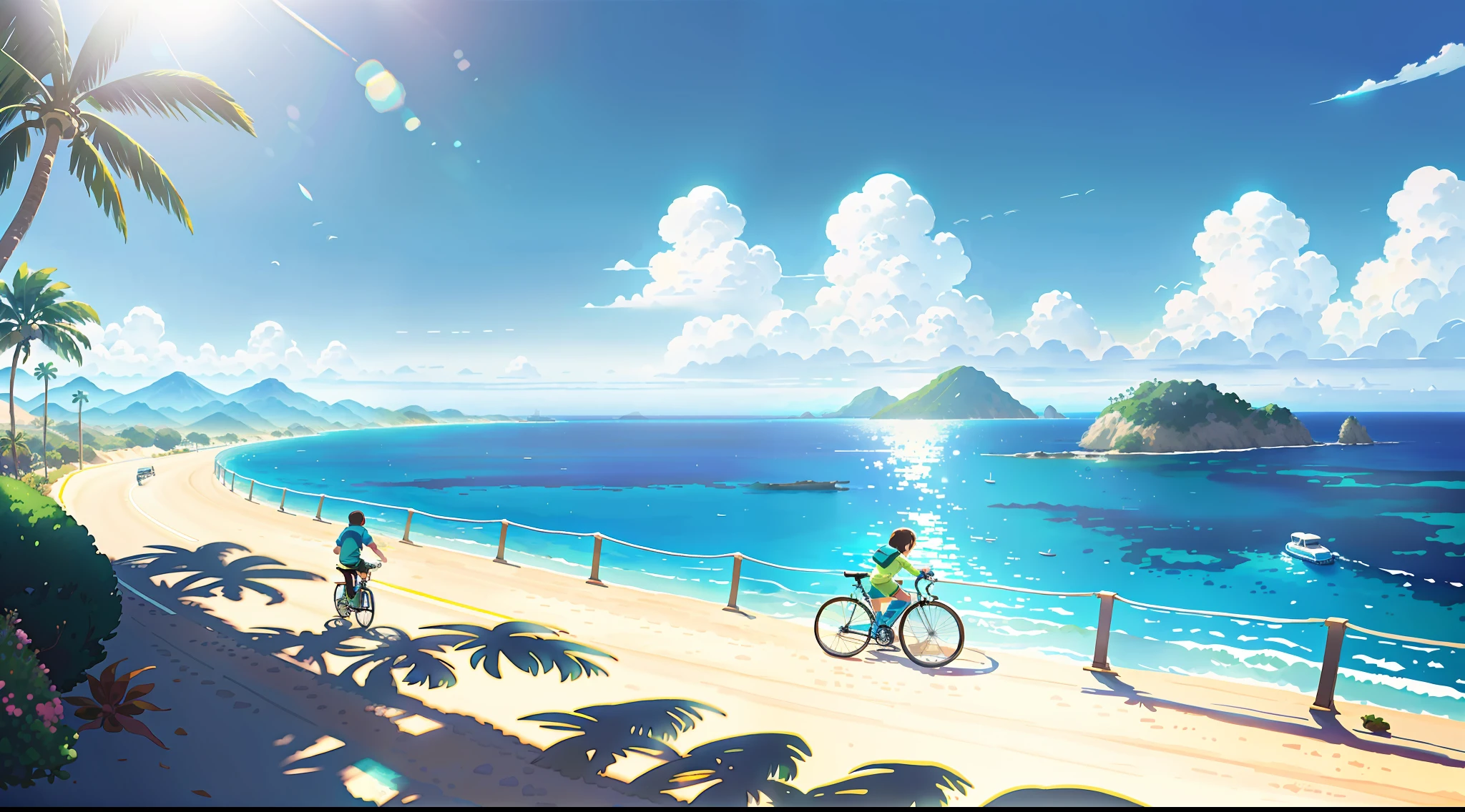 (bike: 1.5), (realistic bike: 1.5), (realistic cyclist: 1.5), back cyclist, Mexico, Playa del amor, Marieta Islands sun, landscape background, shadows, contrast, makoto shinkai (Best quality: 1.3), (Highres:1) Art by Studio Ghibli Style, Impressionism, Solitude