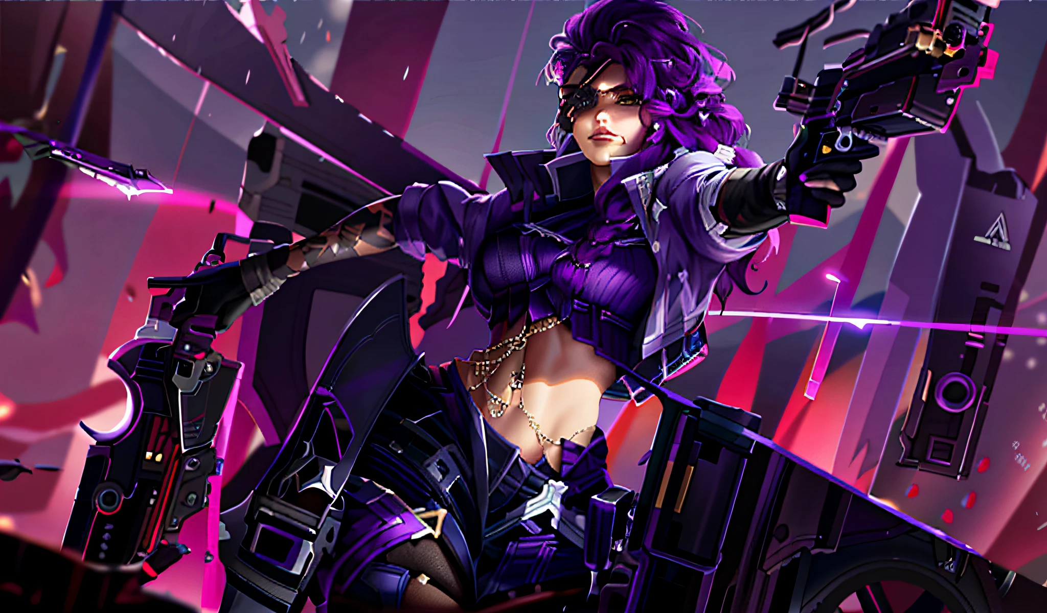 there is a woman with a gun and a purple hair, arcane, samira from League of Legends, ionic character splash art, eye patch, purple light, gun sight, spar in right hand, sword, blade, navel, black pants, brunette skin, purple glow on eye patch, luminous eye patch, brightness, 4k, art, beautiful, detailed