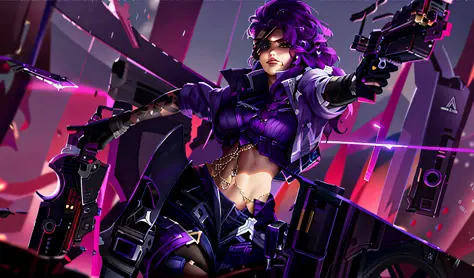 there is a woman with a gun and a purple hair, arcane, samira from League of Legends, ionic character splash art, eye patch, pur...