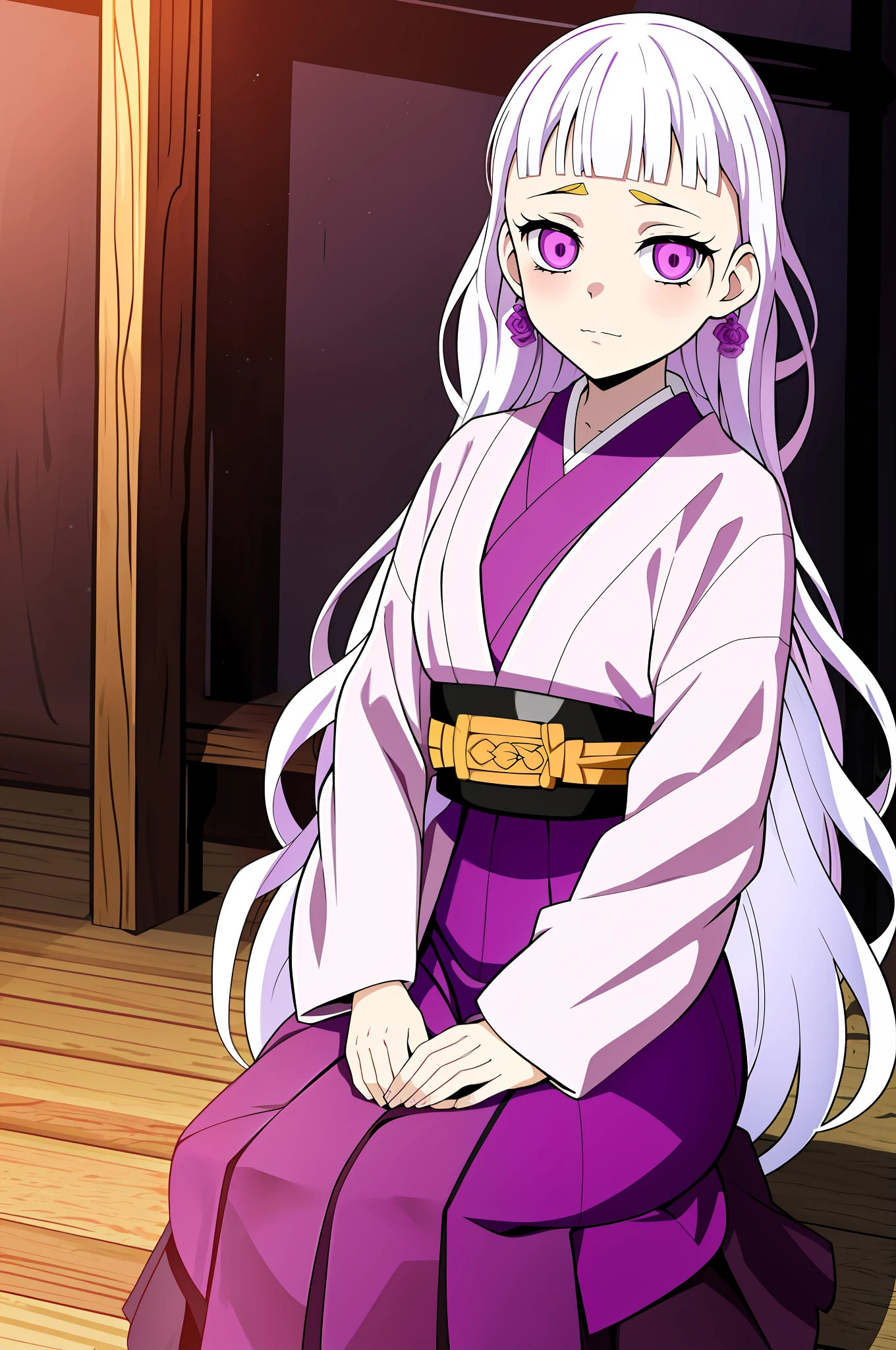 chica anime con vestido morado sentada en un suelo de madera con pelo largo y blanco, ((vistiendo una túnica aristócrata)), kimetsu no yaiba, deidad de cabello blanco, arte oficial, inspirado en Nishikawa Sukenobu, asesino de demonios rui fanart, Estilo artístico de Demon Slayer, ueshiba riichi, arte oficialwork, makinami ilustre, arte oficial del personaje, shikami