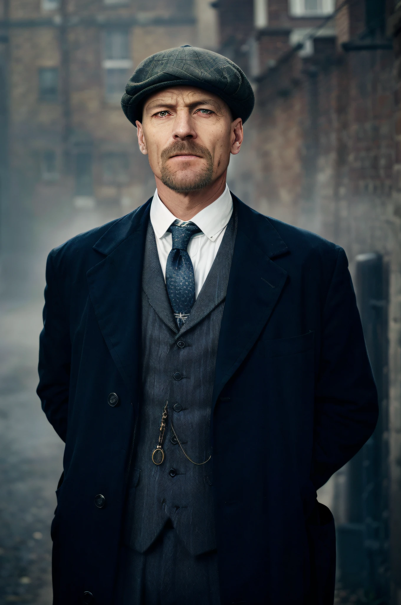 there is a man in a suit and tie standing in a street, peaky blinders, costumes from peaky blinders, peaky blinders (2018), peaky blinders gang, inspired by Max Magnus Norman, tom hardy as henry dorsett case, sherlock holmes, portrait of sherlock holmes, a suited man in a hat