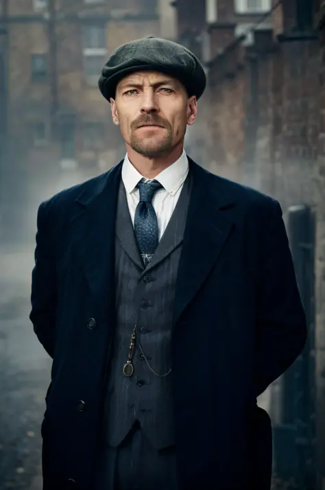 there is a man in a suit and tie standing in a street, peaky blinders, costumes from peaky blinders, peaky blinders (2018), peak...