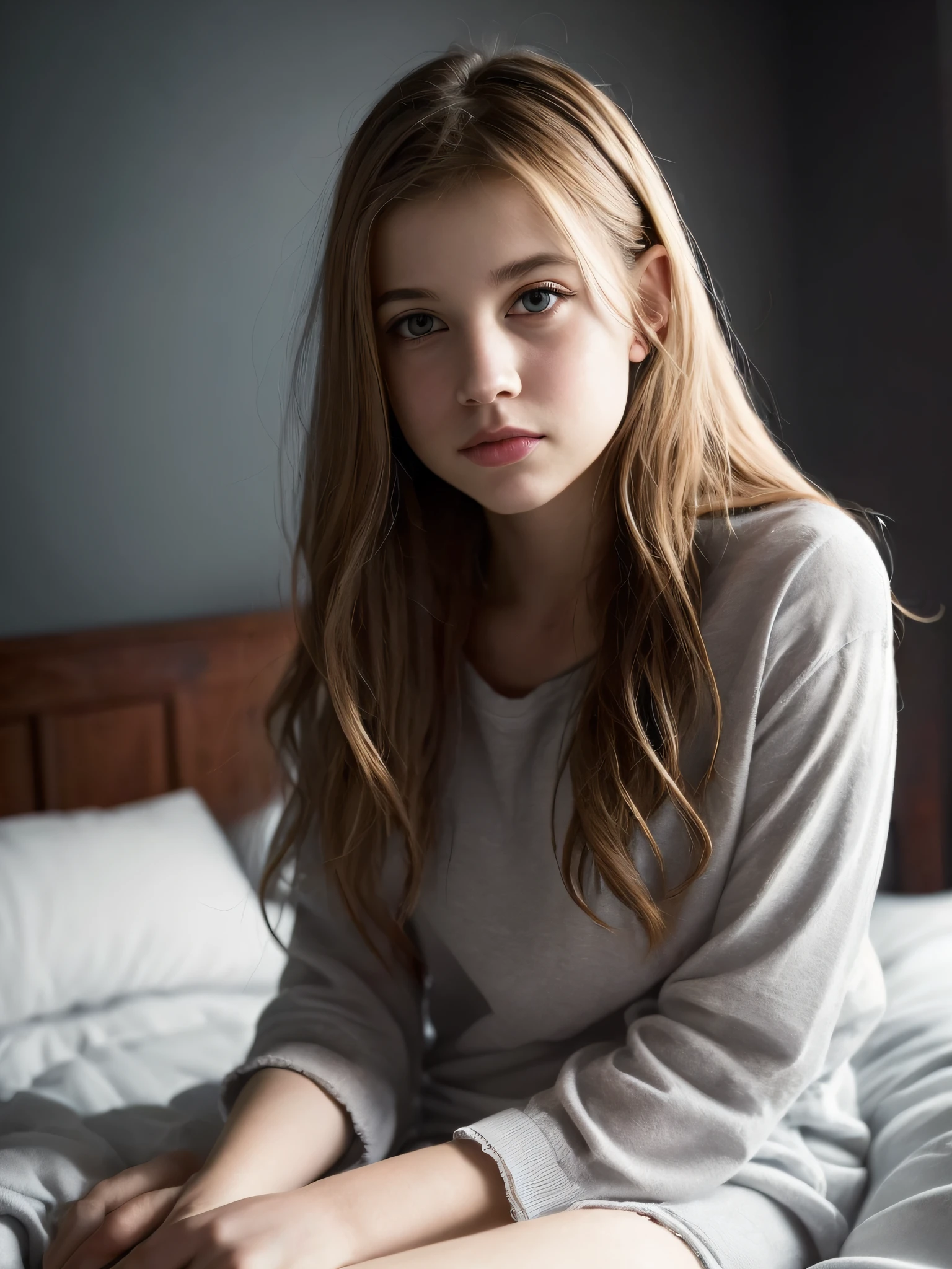 Porträt einer 18 Jahre alten süßen schönen Petite Teen mit perfektem Gesicht, Sie ist glücklich, sehr schöne russische, Roh, im Bett, (dunkles privates Arbeitszimmer, dunkles und stimmungsvolles Licht: 1.2)