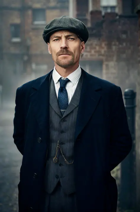there is a man in a suit and tie standing in a street, peaky blinders, costumes from peaky blinders, peaky blinders (2018), peak...
