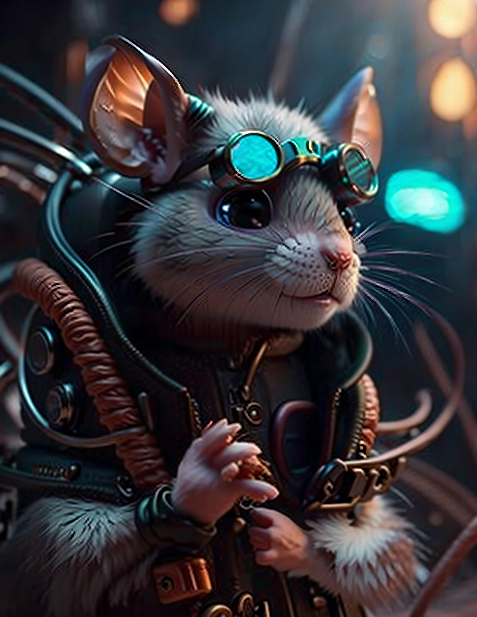 eine Nahaufnahme einer Ratte mit Schutzbrille auf dem Kopf, cyberpunk mouse folk engineer, steampunk rat, Porträt einer Ratte verrückt Wissenschaftler, anthropomorphe Ratte, an anthropomorphe Ratte, cyborg mouse, an anthropomorphe Gangsterratte, has cyberpunk style, anthropomorphe Gangsterratte, anthropomorphe Maus, cgsociety gesättigte Farben --auto --s2