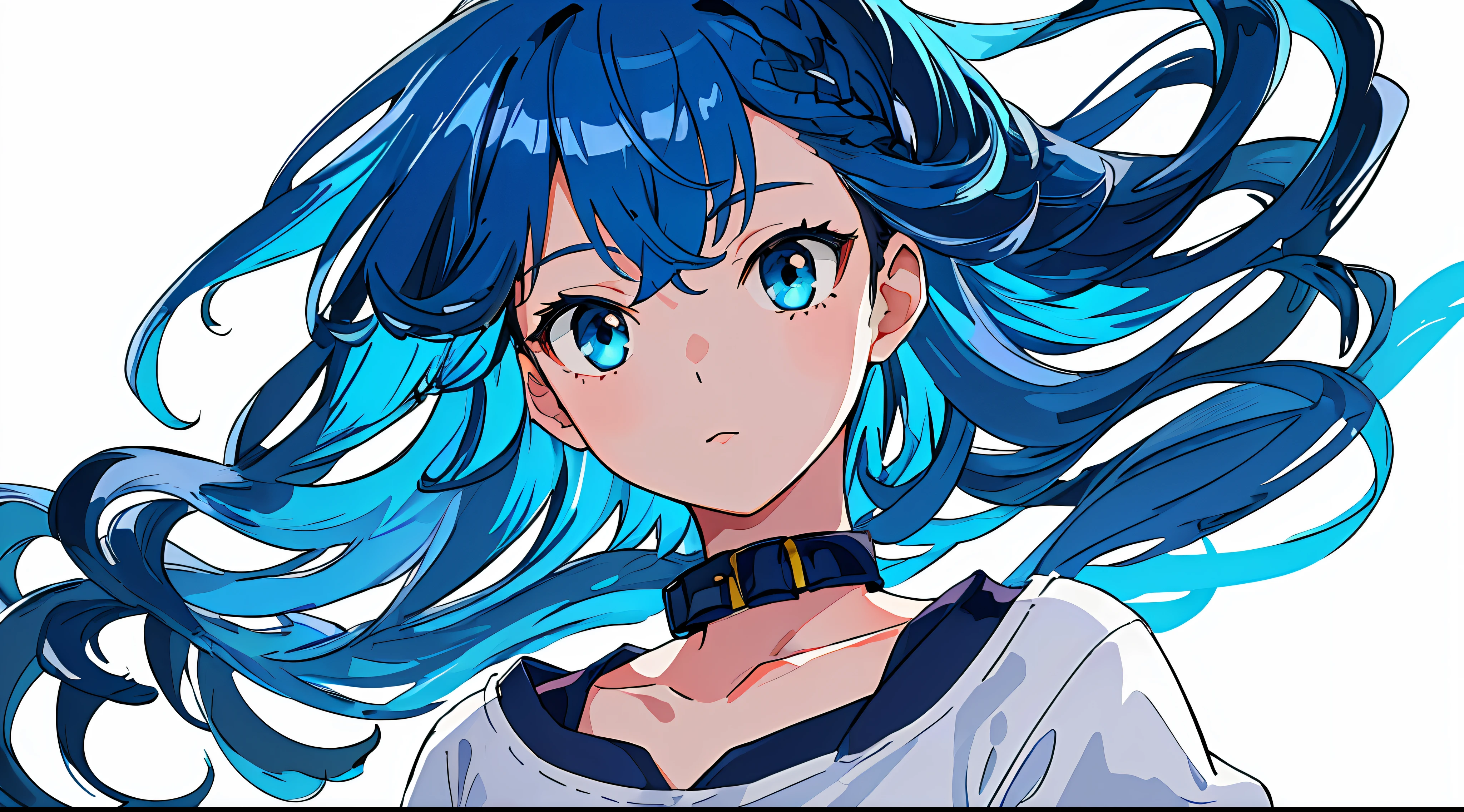 (Masterpiece, high-detailed, ultra resolution, clear, soft art) (looking at the side, looking at the left:1.3), 1girl, solo, standing, upper-body, face only, close-up, light aqua hair, aqua eyes, , (colored inner hair, dark blue hair:1.3), long hair, wavy hair, hime cut, straight hair, sidelocks, black sweater, high collar, open collar, collarbone, simple background, white background, boring background, beautiful detailed eyes, detailed hands, sasuke clothes, sasuke shirt