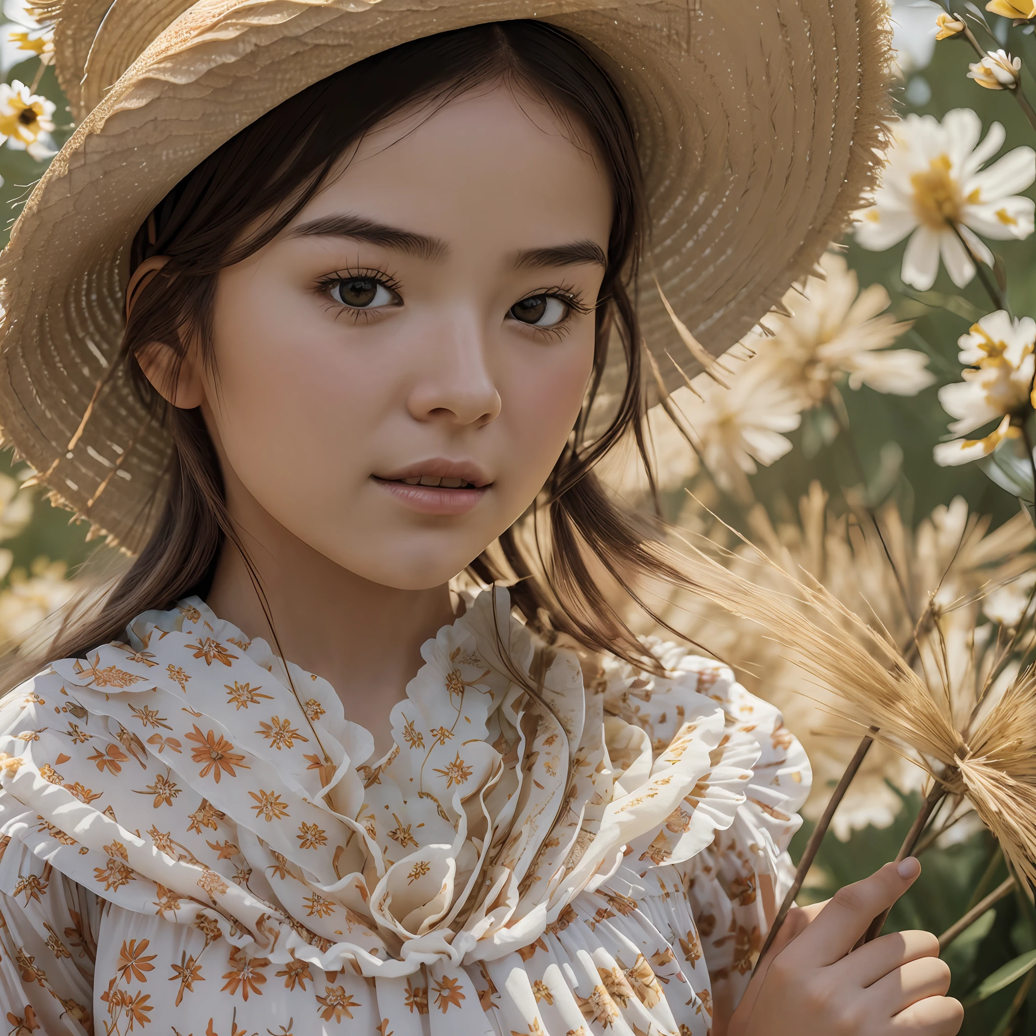 (Extreme Close-up: 1.5), (Face Focus: 2), (Style of???? ??? :1.5), ((Side: 2)), (Girl surrounded by 1 soft_light:1.5), (Backlight: 1.8), (Lighting), (Flowing Cloth: 1.3), ((Floral_summer_dress:1.5), (Straw_hat:1.3)), (Masterpiece), Realistic, HDR, High Definition, 8k, Raw Photography, Ambient Occlusion, Natural and harmonious composition, Warm colors, fine art photography, Japan beauty --auto --s2