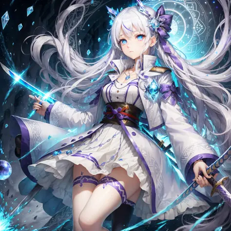 White hair, 16 years old, blue-purple pupil of left eye, blue-red pupil of right eye, loli height, over-the-knee socks, high heels, three-five expression, katana, white trench coat, blue hairpin, girl, blue jewel pendant, long hair and waist, ribbon-like c...