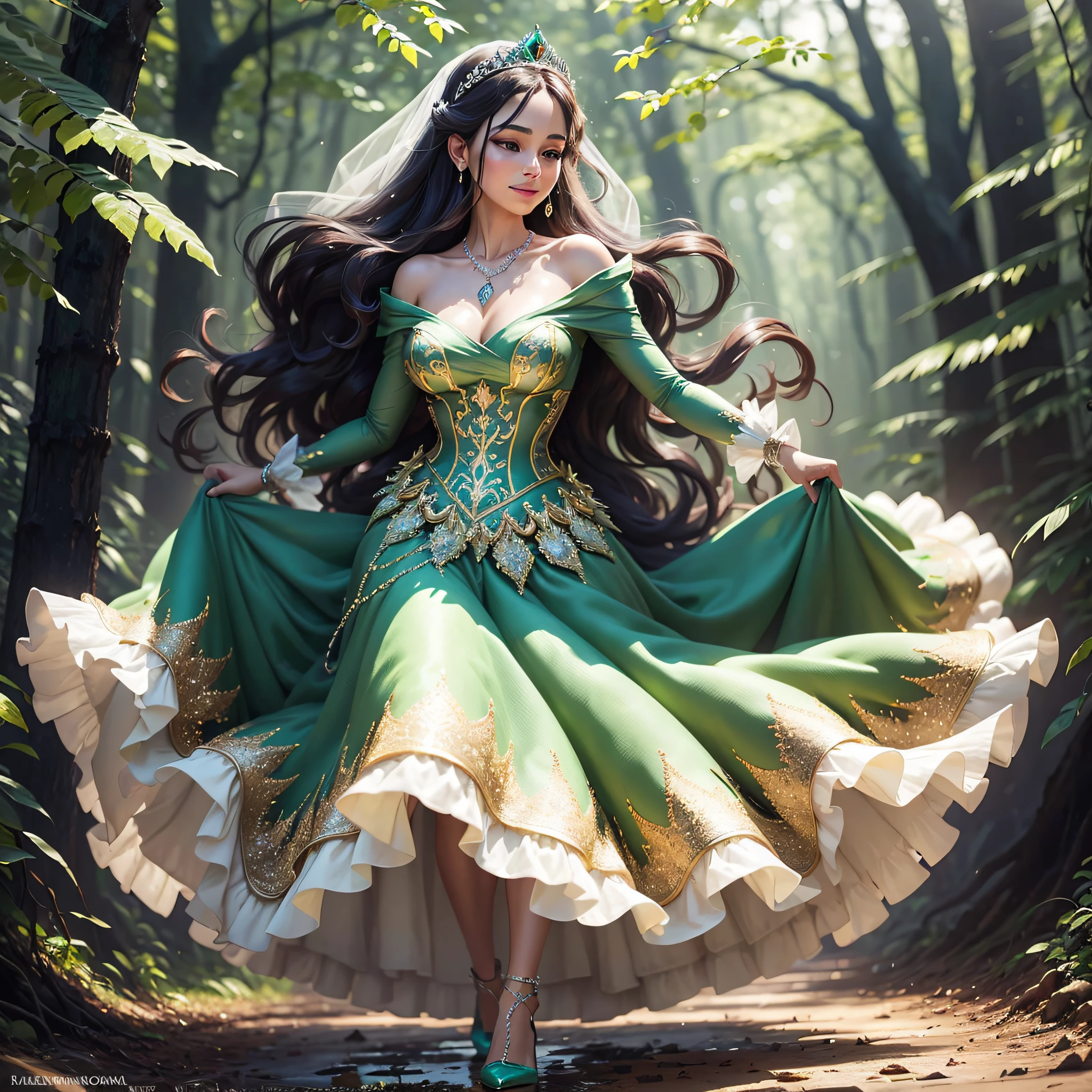 A woman in a green dress is walking through the woods - SeaArt AI