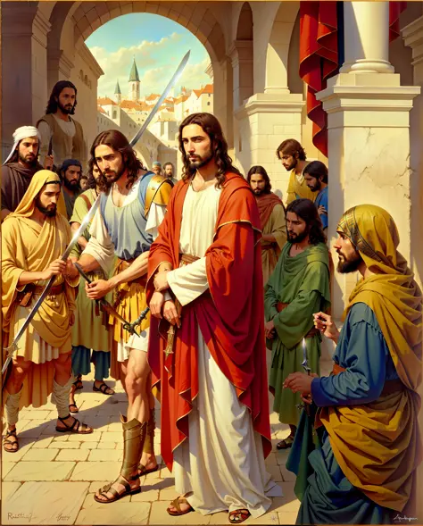 Jesus is holding a sword and standing in front of a group of people, biblical illustration, c. r. stecyk iii, by Nicholas Marsicano, by László Balogh, historical artistic representation, by Robert Brackman, by Julian Fałat, by Bernard Meninsky, by Hristofo...