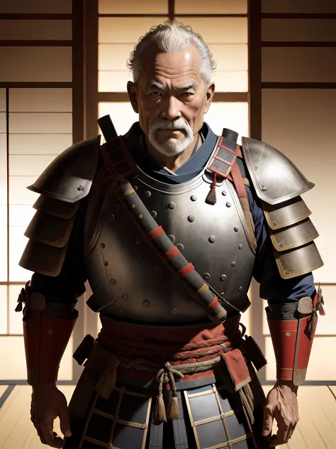 1 Old man warrior in Japanese castle, wearing samurai armor, short curly hair, drop shadow, halftone, vanishing point, diffracti...