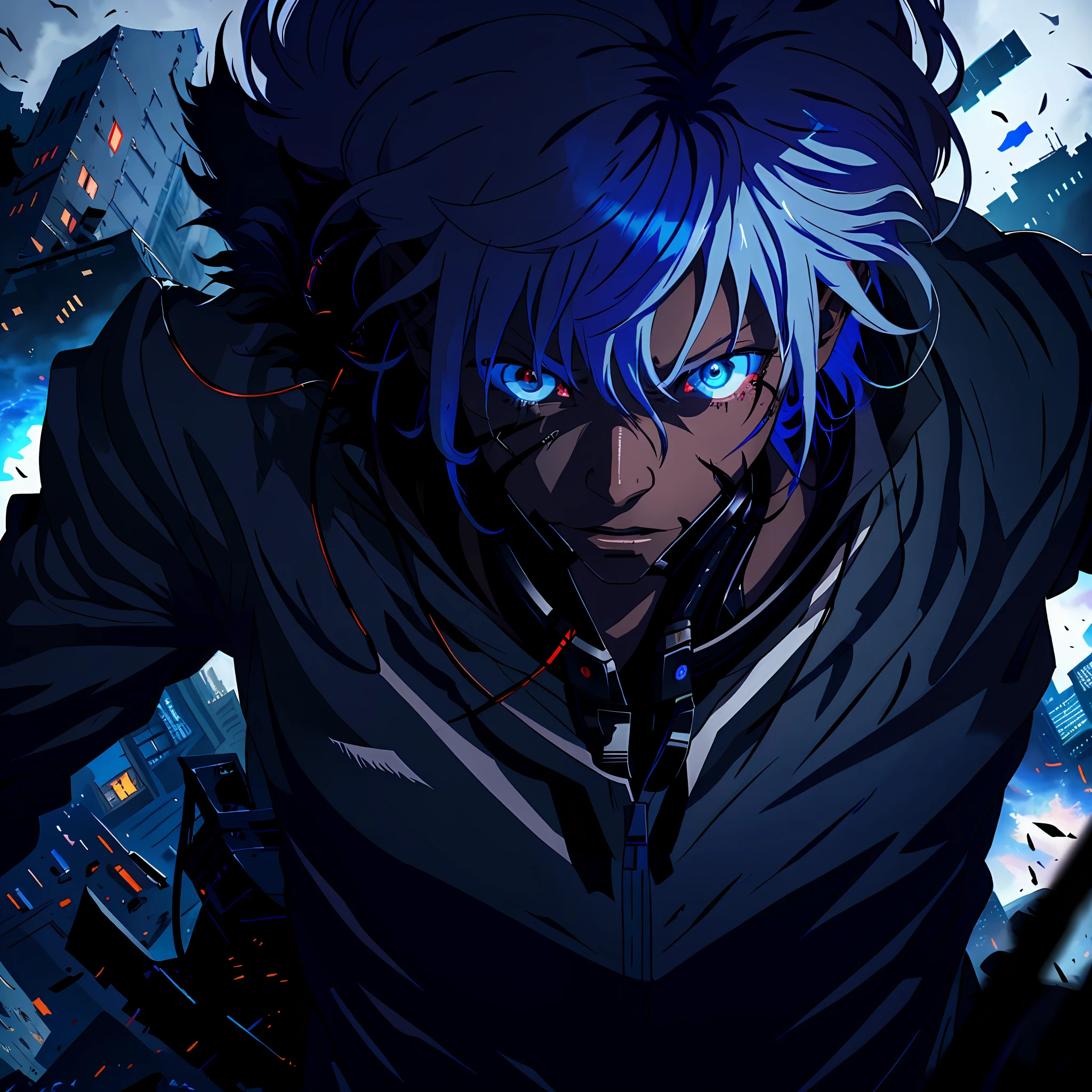 Humanoid monster from anime, character design, wearing a futuristic mouth mask, serious face, black boy, dark skin, maniac, crazed look, messy hair not maintained, hair covering right eye, vibrant eye color, red and blue eyes, (white hair), closeup shot, creating a crack in reality, powerful aura, destroyed city, very dark, night,  8k, 64k, HD, incomparable masterpiece, dynamic lighting, cinematic, epic digital art of the highest quality, Stunning art, 4k wallpaper