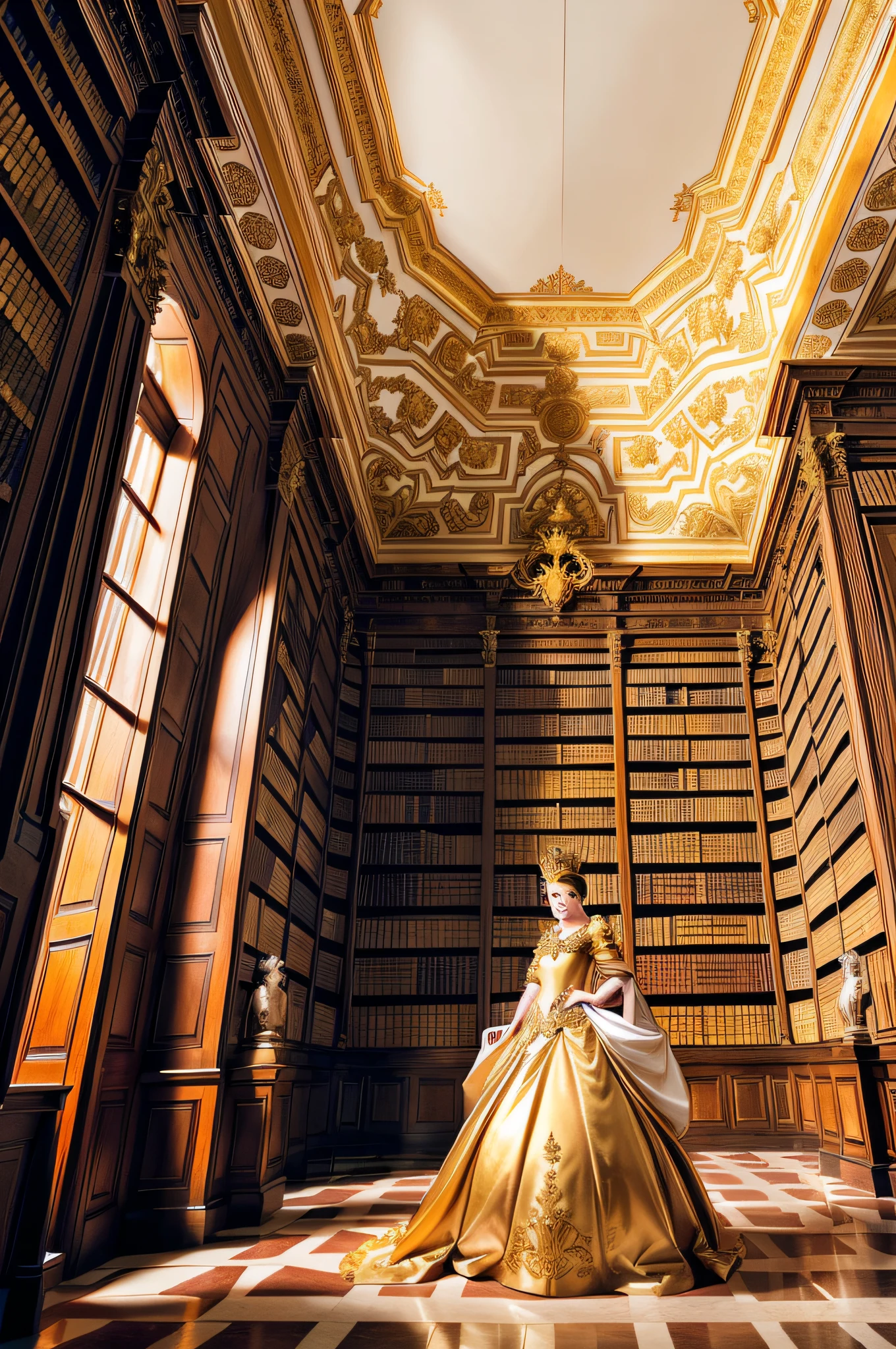 a queen in a golden dress in a baroque library with a painted roof