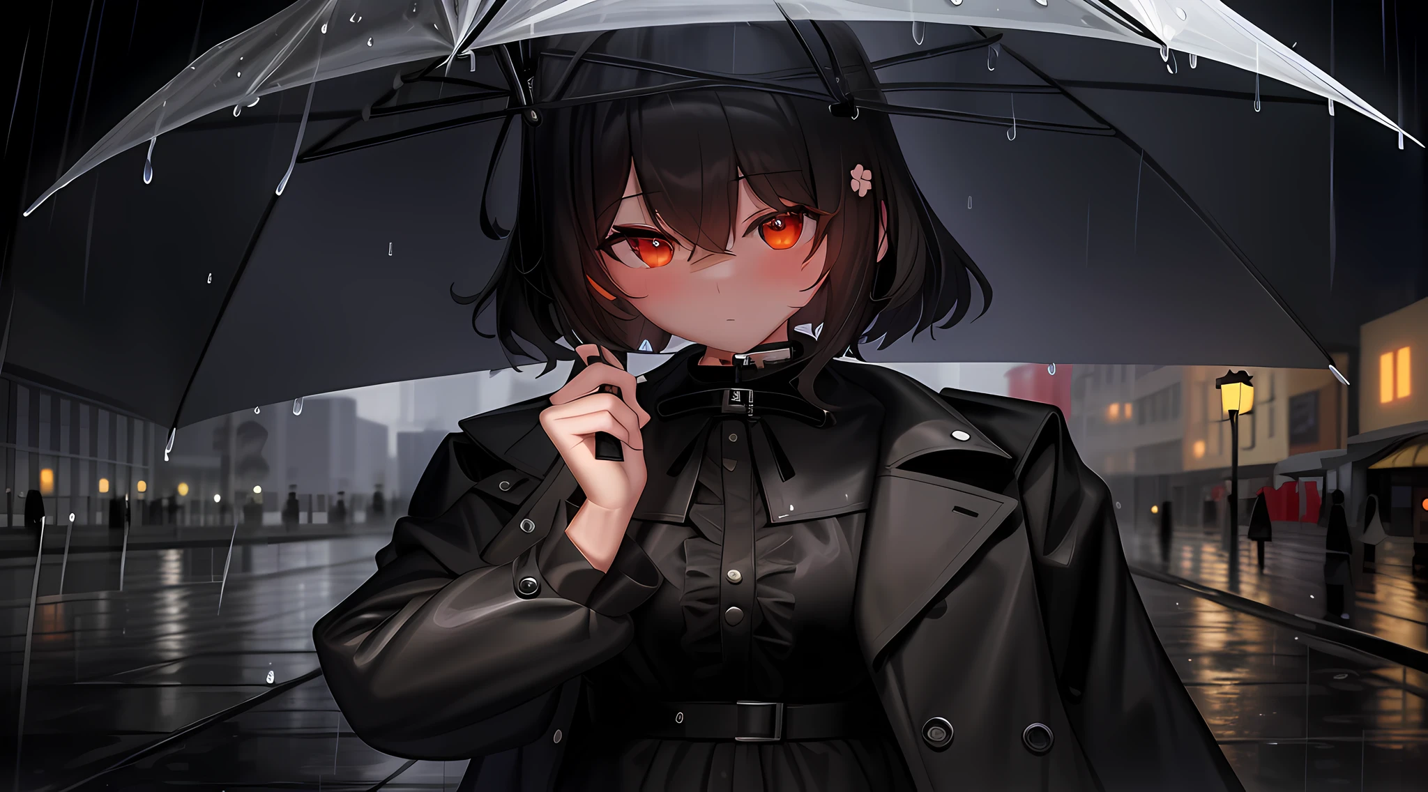 Anime girl in pluiecoat holding umbrella in the city at night, pluiey streets in the background and with people, pluieing!, filles de première ligne, Art de style Guweiz, style artistique anime moe, in the pluie, look anime d&#39;une jolie fille, pluiey night, pluie!!, Tenir un parapluie, pluiey night, Tenir un parapluie, pluie. pluiey and hyper detailed day