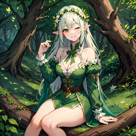 High quality, best quality,elf ,forest background,smile,green and white clothing,cleavage,thick thighs,sitting, eyes closed,flower wreath,white hair,green eyes