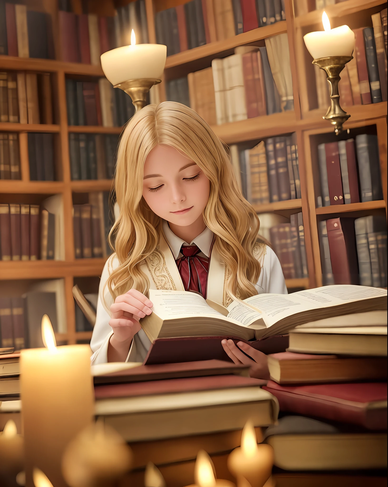 A captivating and enchanting photograph of a blonde student at a magical academy, immersed in her studies amidst the enchanting atmosphere of an ancient library filled with spellbooks and magical artifacts. The young student is dressed in the academy's traditional robes, adorned with the emblem of her house, as she intently reads a dusty tome that levitates before her, held aloft by a spell she has expertly cast. The photograph is beautifully composed using a Nikon D850 DSLR camera and a Nikkor 35mm f/1.8 lens, known for its sharpness and ability to render rich, vibrant colors. The camera settings are carefully chosen to capture the magical essence of the scene: an aperture of f/2, ISO 800, and a shutter speed of 1/60 sec, allowing the subtle, flickering glow of enchanted candles to illuminate the library's mysterious depths. The composition thoughtfully employs a shallow depth of field, placing the focus on the blonde student while the library's ancient, towering bookshelves fade softly into the background, adding a sense of wonder and intrigue to the scene. The photograph is further enhanced by the delicate play of light and shadow cast by the candles, casting a warm, ethereal glow that highlights the student's determination and passion for her magical studies. --ar 3:2 --q 2 --v 5