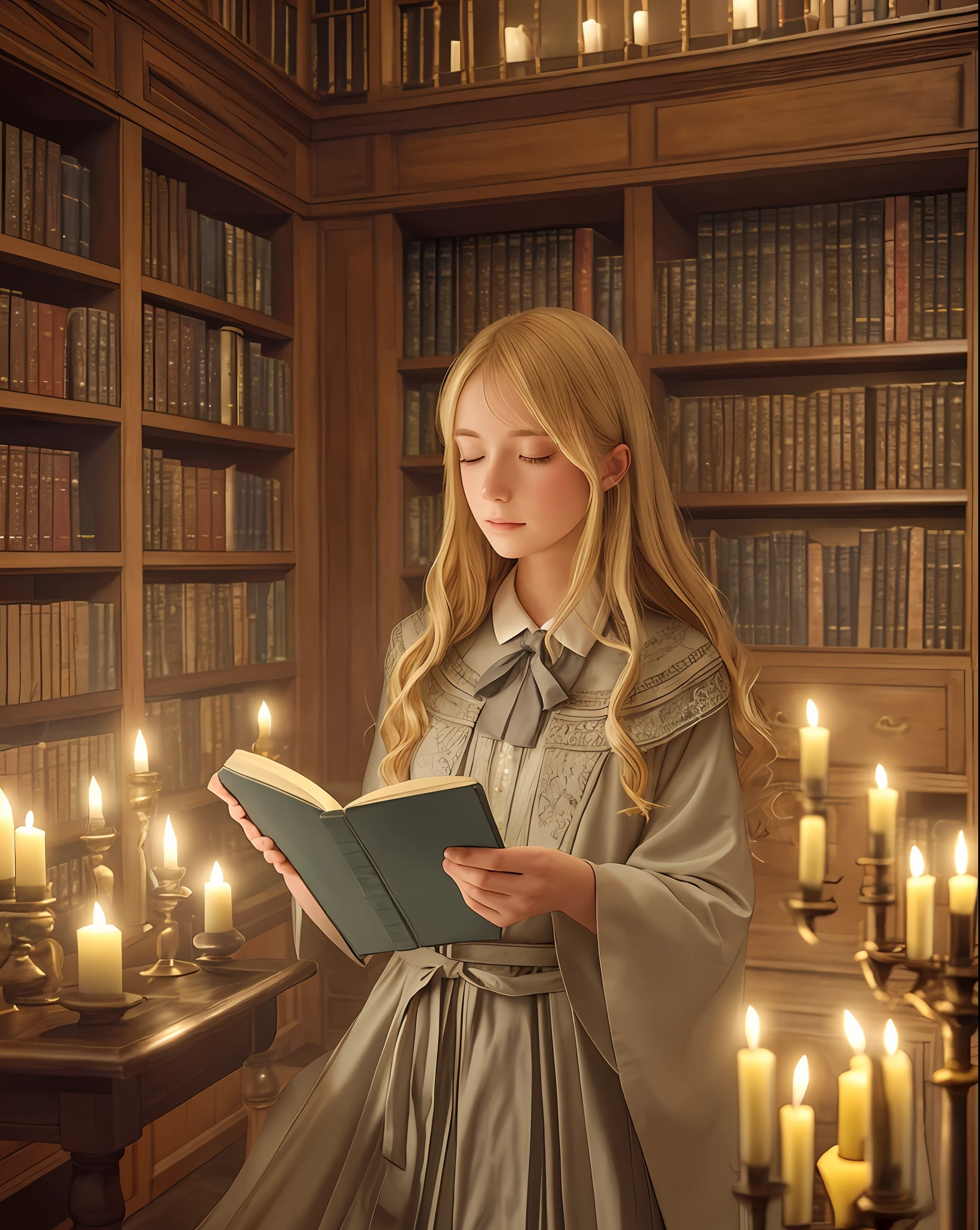 A captivating and enchanting photograph of a blonde student at a magical academy, immersed in her studies amidst the enchanting atmosphere of an ancient library filled with spellbooks and magical artifacts. The young student is dressed in the academy's traditional robes, adorned with the emblem of her house, as she intently reads a dusty tome that levitates before her, held aloft by a spell she has expertly cast. The photograph is beautifully composed using a Nikon D850 DSLR camera and a Nikkor 35mm f/1.8 lens, known for its sharpness and ability to render rich, vibrant colors. The camera settings are carefully chosen to capture the magical essence of the scene: an aperture of f/2, ISO 800, and a shutter speed of 1/60 sec, allowing the subtle, flickering glow of enchanted candles to illuminate the library's mysterious depths. The composition thoughtfully employs a shallow depth of field, placing the focus on the blonde student while the library's ancient, towering bookshelves fade softly into the background, adding a sense of wonder and intrigue to the scene. The photograph is further enhanced by the delicate play of light and shadow cast by the candles, casting a warm, ethereal glow that highlights the student's determination and passion for her magical studies. --ar 3:2 --q 2 --v 5