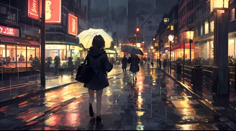 there is a woman walking down the street showing her face with an umbrella, rainy night, rainy night, late night raining, after ...