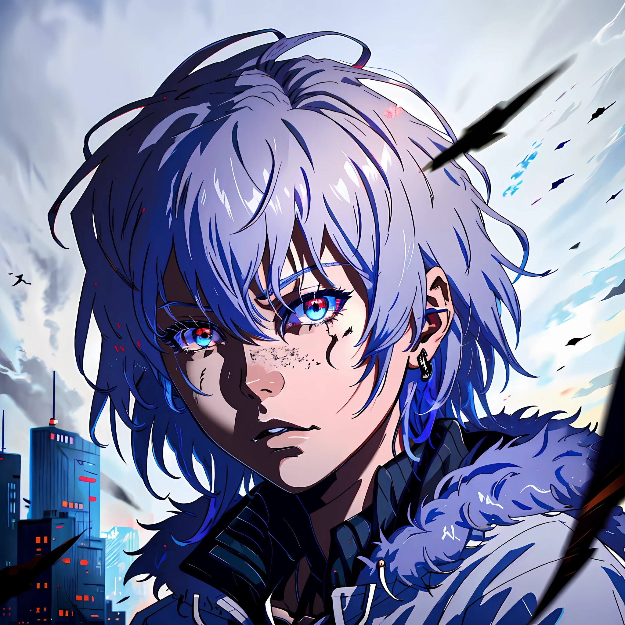 humanoid monster anime, character design, wearing a fur coat, dark, serious face, boy, dark skin, black, messy hair not maintained, hair covering right eye, vibrant eye color, red and blue eyes, (white hair), closeup shot, creating a crack in reality, powerful aura, destroyed city, very dark, night, 8k, 64k, HD, incomparable masterpiece,  dynamic lighting, cinematic, epic Highest quality digital art, Awesome art, 4k wallpaper, ultra hyper detailed, highest resolution, super close-up photo, 4k profile picture