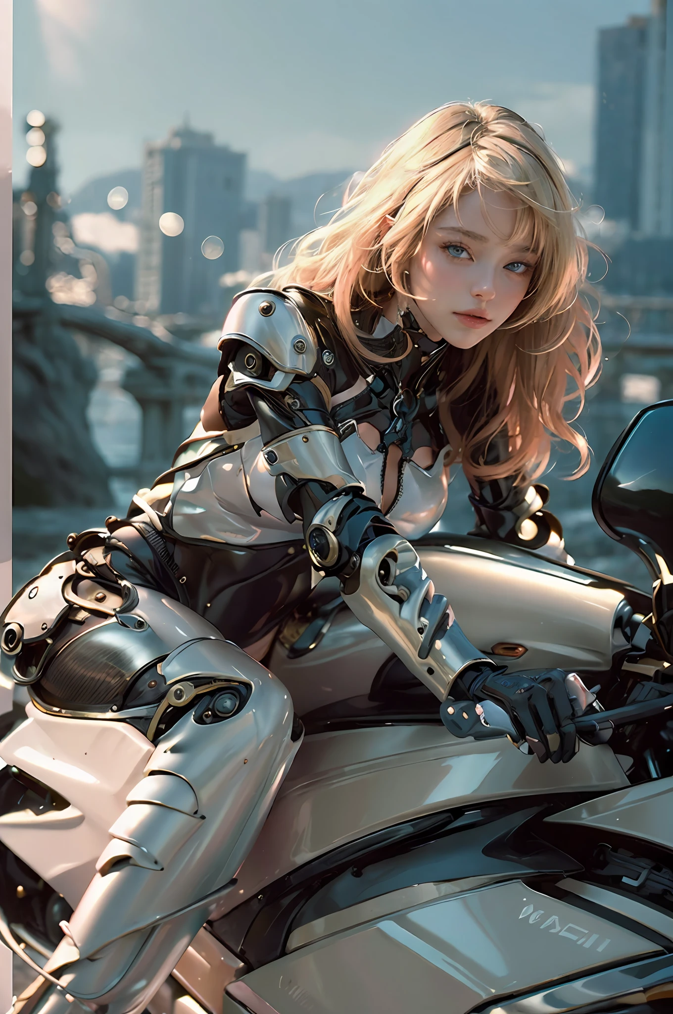 ((masterpiece)), ((best quality)), (ultra-detailed), ((high contrast)), (high saturation), (beautiful detailed eyes), ((an extremely delicate and beautiful)), (nice hands), ((perfect hands)), summer, outdoors, coast, rocky place, sandy beach, sea, girl riding a motorcycle, medium hair, blond hair, asymmetrical bangs, beautiful detailed glass hair, blue eyes, small breasts, mechanical suit, ((gloss body)), (very shiny body), clear parts, jewelry, ornaments, gorgeous, luxurious, fabulous, illuminations scattered all over the body, illumination shines, robort, cyborg, android, bodysuit, realistic, stereoscopic feeling, mecha musume, mechanical parts, super robot joints, full armor, headgear