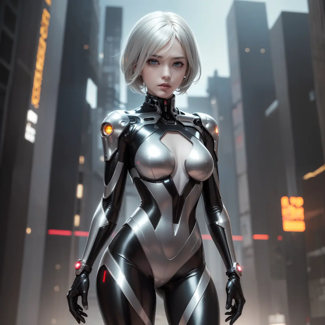 (highest quality, masterpiece, ultra high definition), (short hair, silver), (jewel-like eyes, cybernetic), (cyberpunk style, shiny black skin tight suit, transparent high-tech material, internal circuits and energy flow visible)