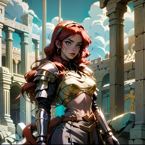 anime girl with red hair dressed in full byzantine armour standing in a roman forum --auto --s2