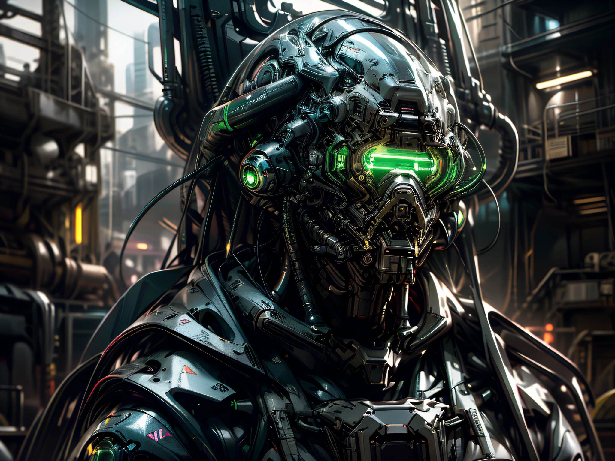 Ruinen, Halten_Waffe, NEIN_Menschen, Hell, Konstruktion, glühend_Augen, oranger Reaktor, Fusionsmotor, Neon green, Wissenschaft_Fiktion, Realistisch, Hintergrund der Milchstraße, Neon, cyberpunk, steampunk chrome white black,