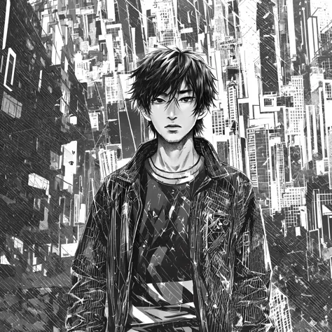 grayscale, monochrome, halftone, drawing, manga, Japanese. Kai Nakamura,he is 17 years old,Kai has spiky black hair, piercing br...