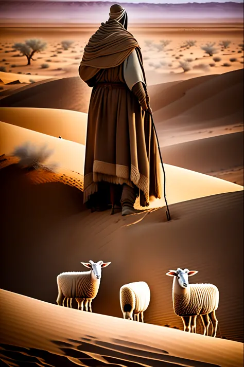 /image, realistic photo of sheepherder in the desert, taking care of the sheep