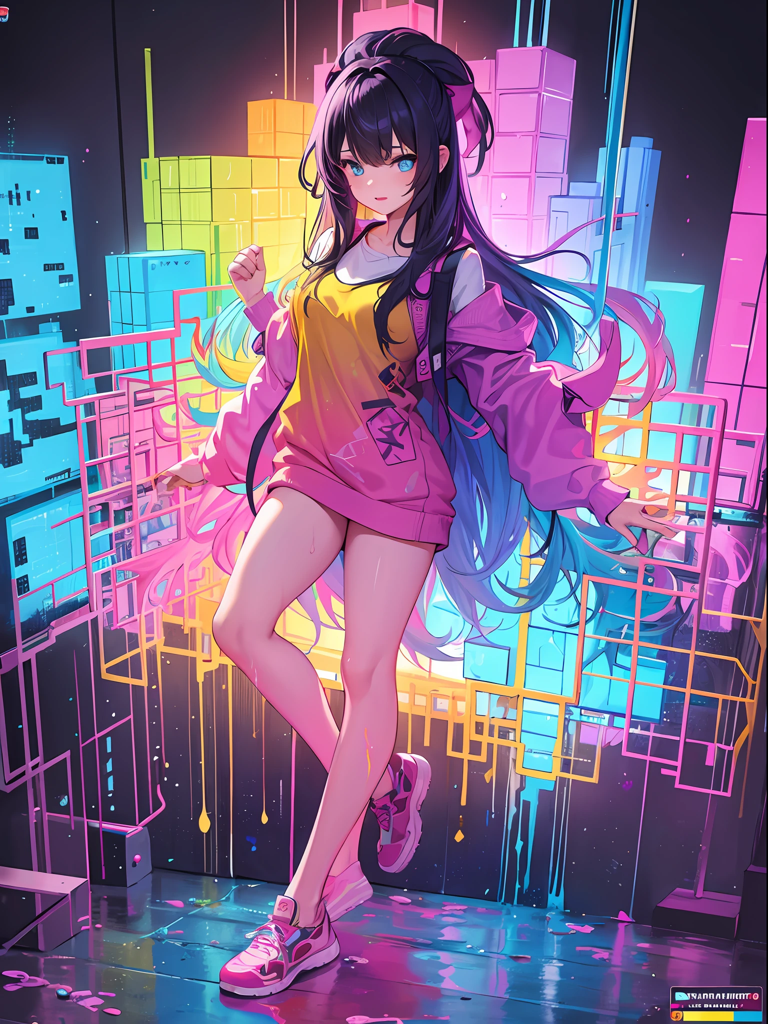 Girl, Colorful, tetris, colorful paint, splash paint, Liquid, fog, vibrant color, matrix, hologram, absurdres, fine detailed, ultra-detailed, highly detailed, intricate, masterpiece, 4k,