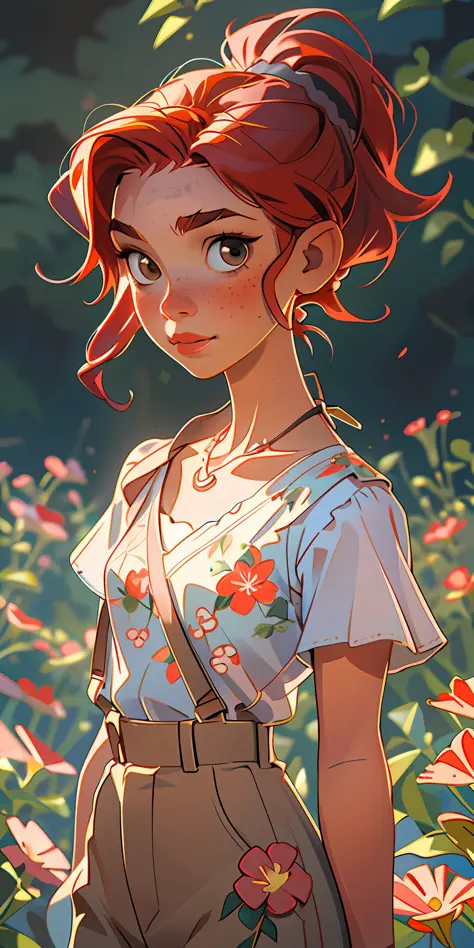 (masterpiece, best quality), 1girl, collarbone, wavy hair, looking at viewer, blurry, upper body, necklace, suspenders, floral print, ponytail, freckles, red hair, sunlight,