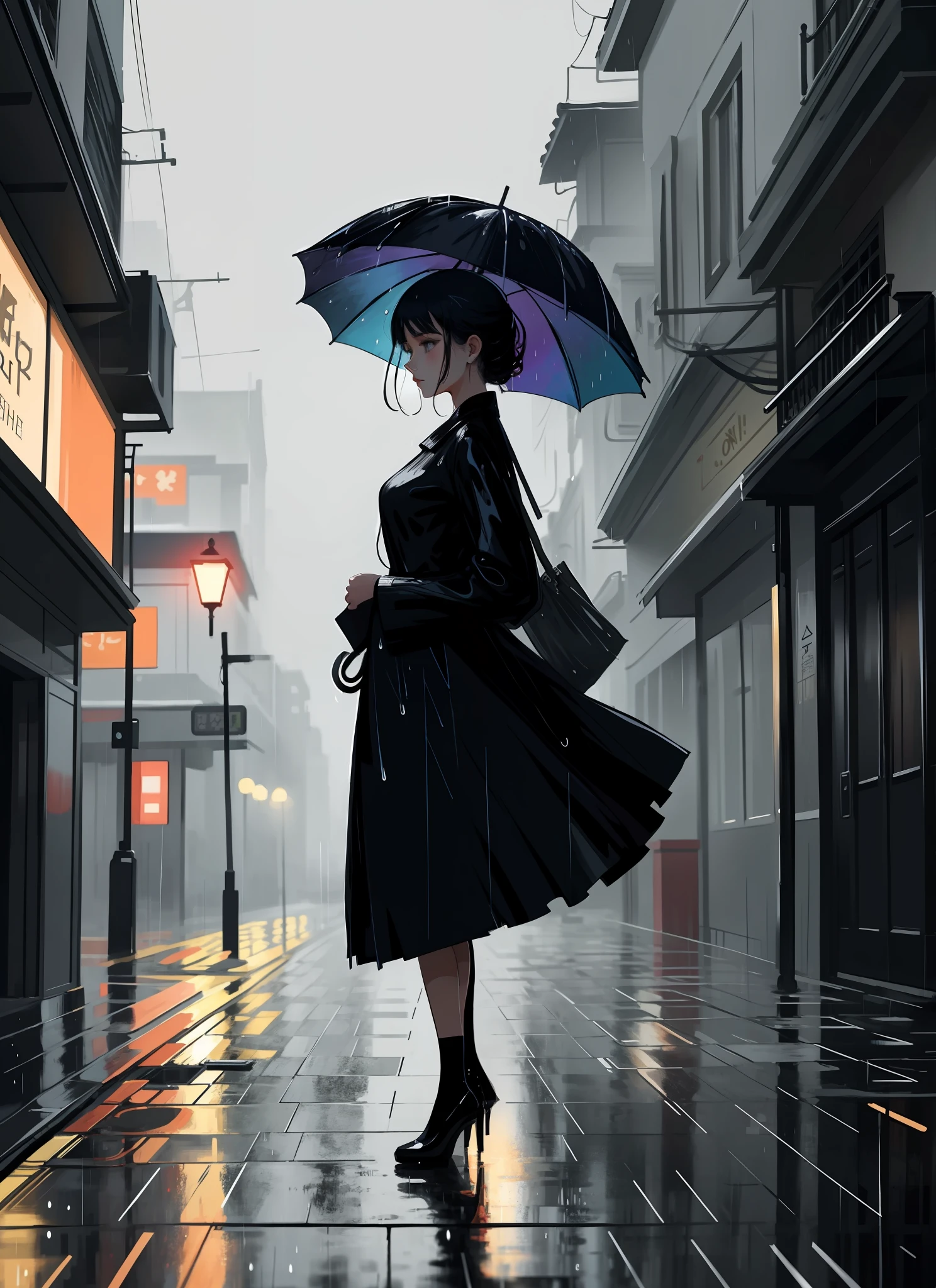 beautiful aesthetic illustration, flat anime, digital art, (elegant woman standing in the rain, focused, wet), colorful style, holding umbrella, masterpeace, blurred environment