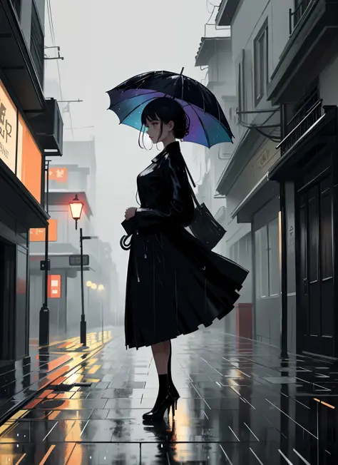 beautiful aesthetic illustration, flat anime, digital art, (elegant woman standing in the rain, focused, wet), colorful style, h...
