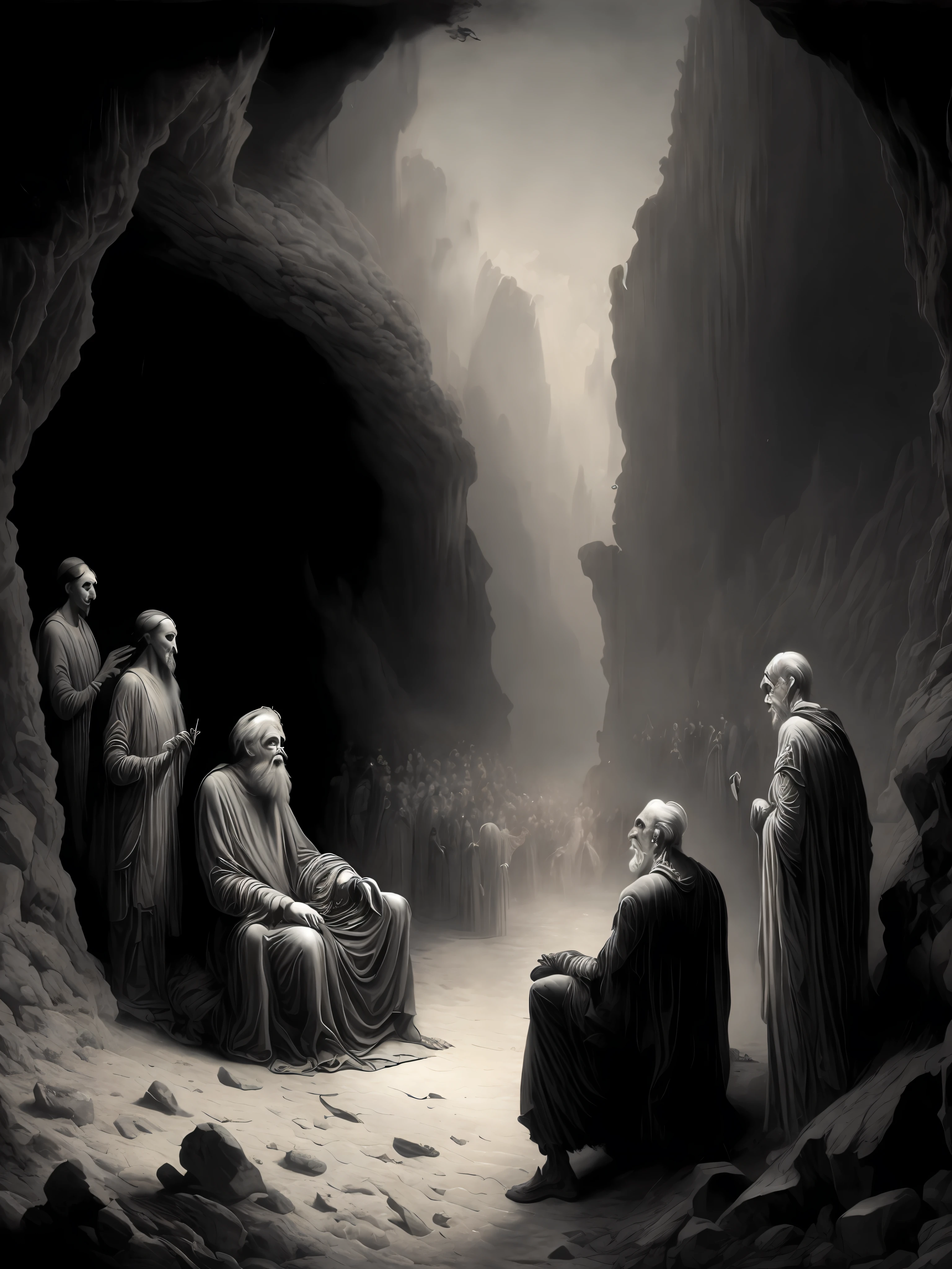 a black and white painting of an old man sitting in a cave surrounded by other men by Gustave Dor