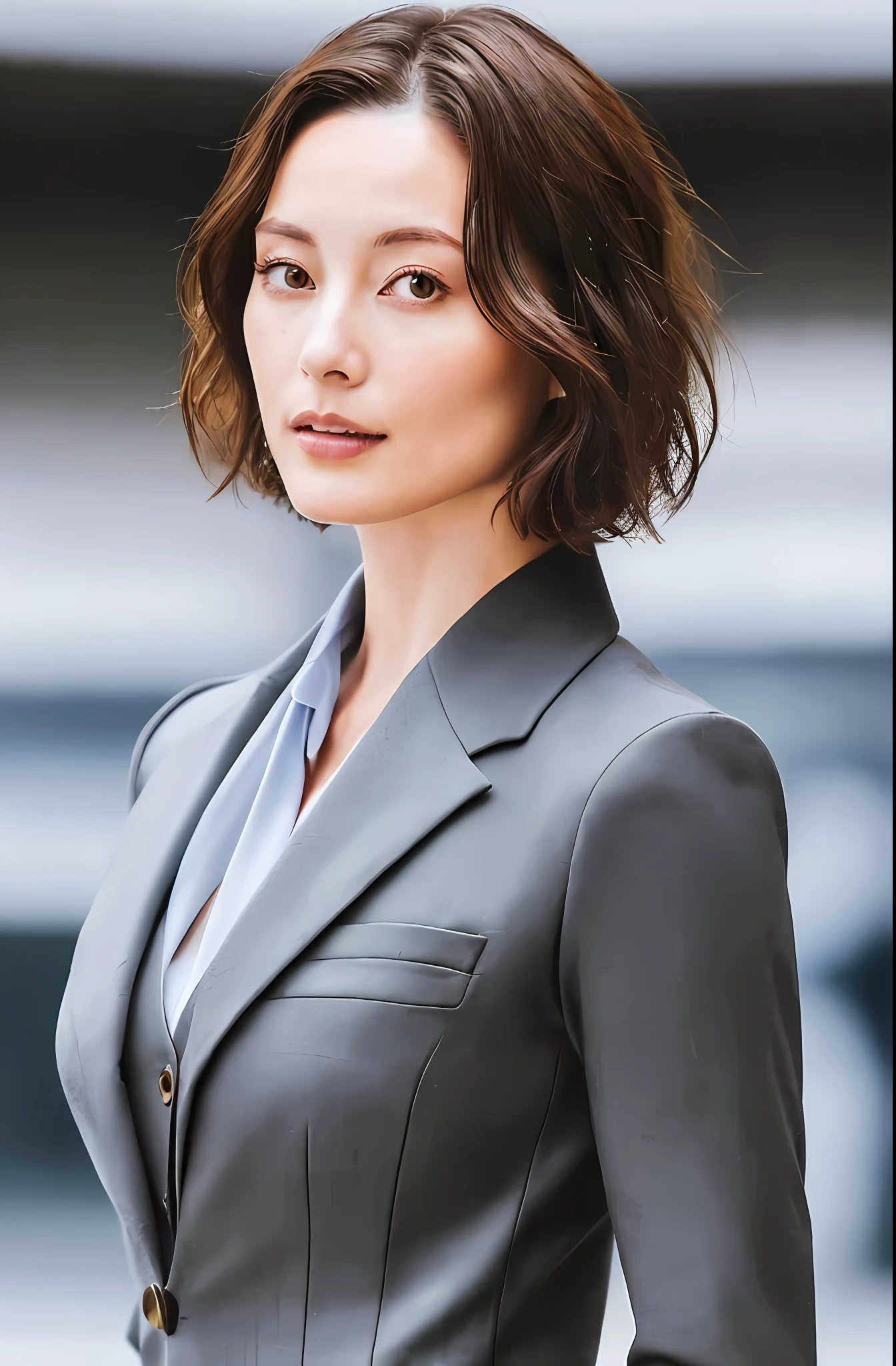 (create a ceo woman wearing a chic and elegant outfit), (Brunette, with the symmetrical face of model), short hair to the shoulders and curly dark brown, stylish and elegant, shaved and strong body adjusted in the suit, show body,, (high quality and realistic image), in the background of the image city of london, cinematic style, ((Best quality, 8k,  Masterpiece).