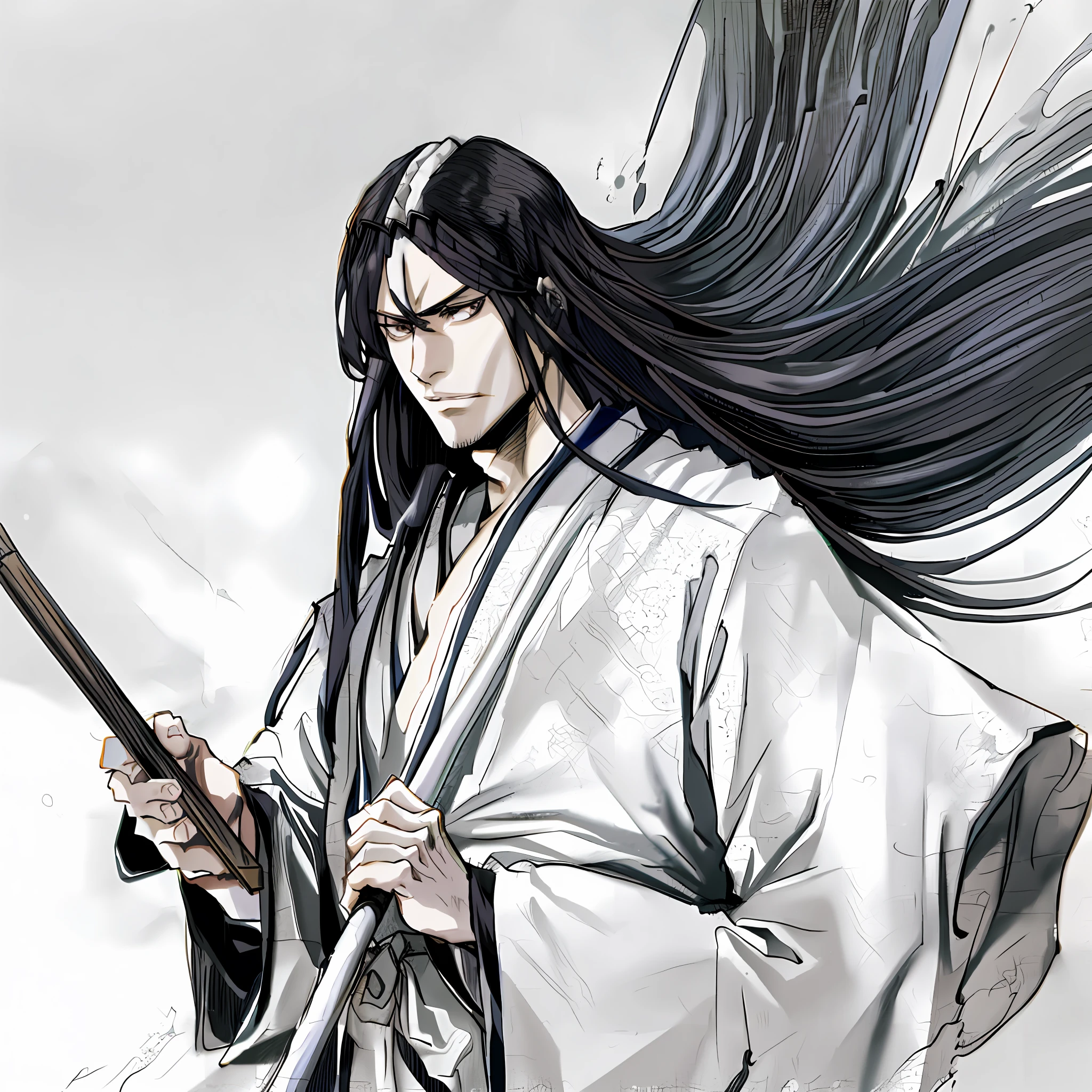 rapped image of a man with long hair holding a magic brush, flowing hair and long robes, with his long black hair, shikanosuke yagaki,male, handsome face in the art of demon slayer by Yang J, in a robe with long hair, inspired by Guan Daosheng, full-body wuxia