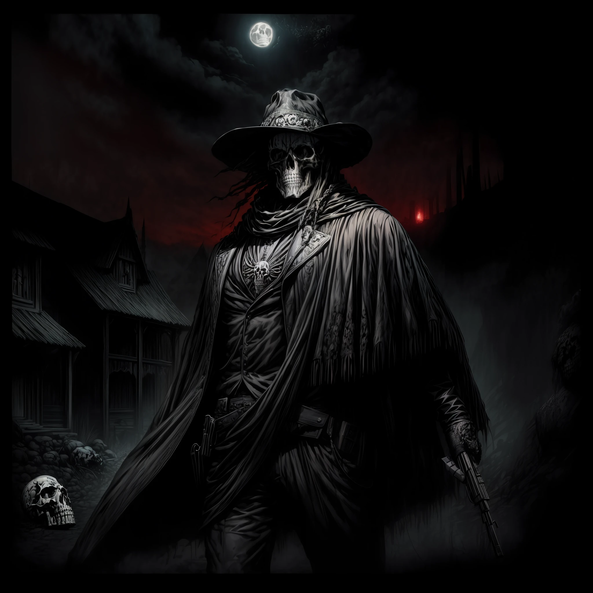 Dark Country album cover, with a skull-faced man in the moonlight holding an art-style pistol of engraving, monochrome, cool colors. artistic style of engraving, cool colors. lineart, monochrome, dread, gothic, horror, surreal, terror, fear, despair, monstrous humanoid, fantasy, dreamlike, dramatic