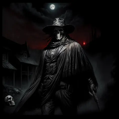 Dark Country album cover, with a skull-faced man in the moonlight holding an art-style pistol of engraving, monochrome, cool col...