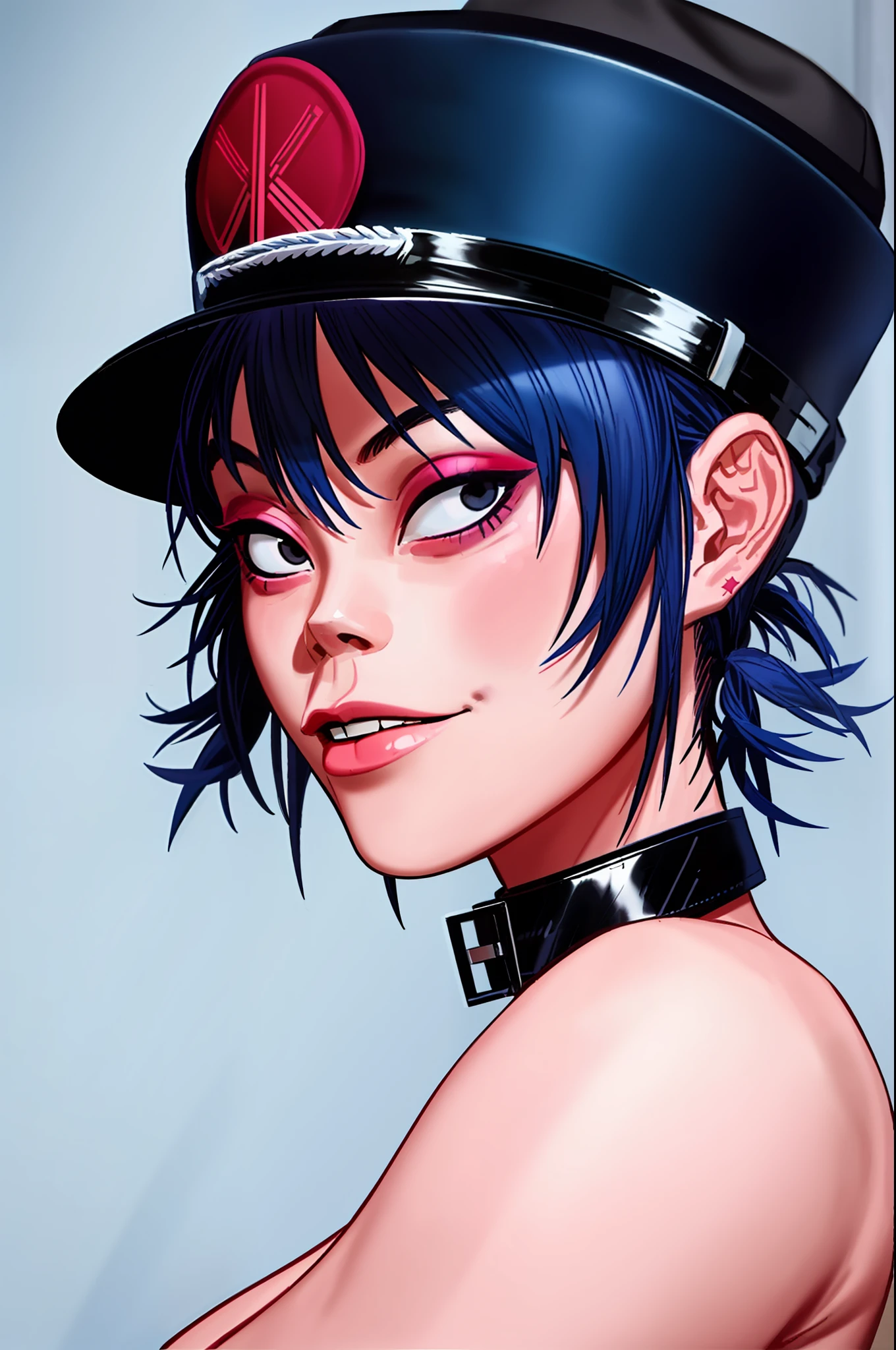 nouille (gorillaz), chef-d&#39;œuvre, Meilleure qualité, 1fille, seulement, a, Cheveux bleus, Twintails, se maquiller, frange, collier, Cheveux courts, portrait, rouge à lèvres, Yeux noirs, parodie, seins,