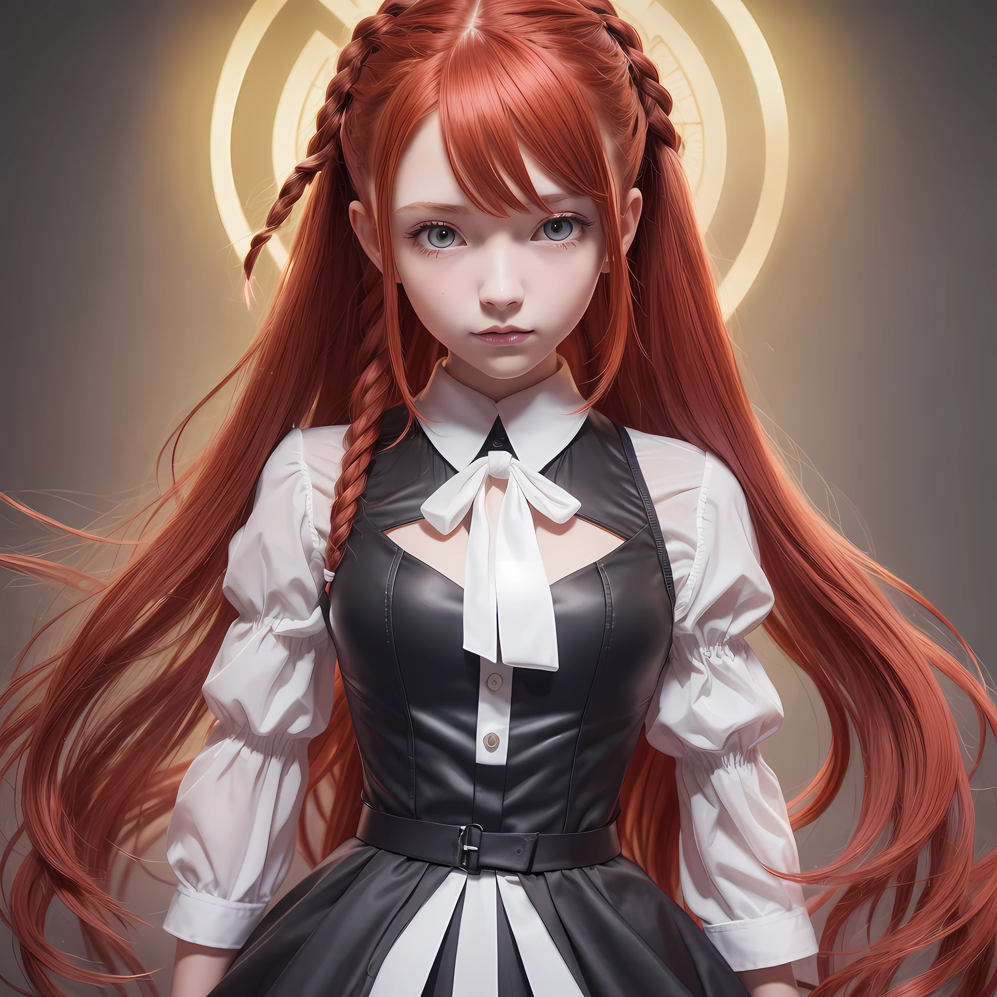 adolecent, best quality, ultra detailed, redhead, yellow eyes, makima, electric saw man, anime, black tie, hair with braids, transparent blouse