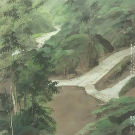 There is a river beach in the distance, there is a bamboo forest path on the bank, and on the road there is a man in ancient costume and white standing on the bamboo forest path, the highest picture quality